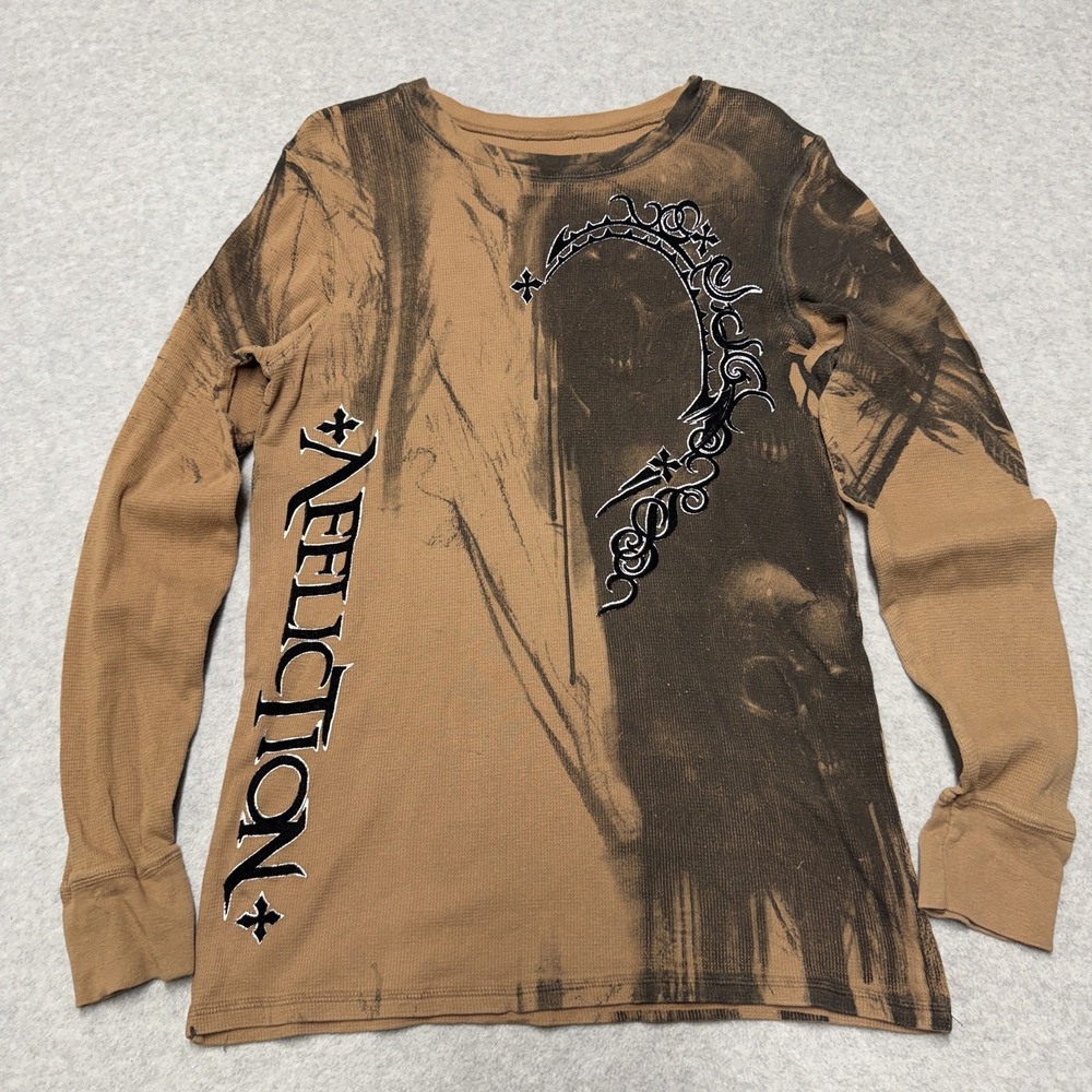 Affliction Dark Night Shirt Mens Medium Brown Skull Thermal Long Sleeve  Gothic